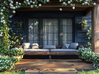 Poster - Wooden terrace with white blossom flower plants, decorated with wooden benches