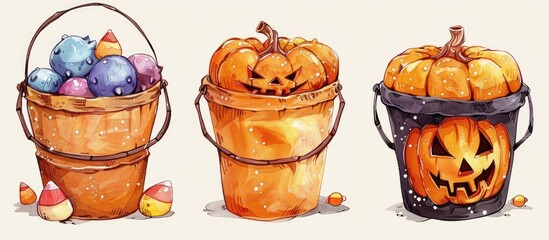 Colorful orange pumpkins jack o lanterns and festive Halloween buckets filled with colorful candy treats and other spooky for a fun and frightening holiday Festive autumn and fall season decor props