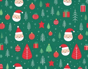 background Christmas pattern seamless, festive elements such as snowflakes, candy canes, Christmas trees, ornaments, stars, and gifts. The design showcases a joyful holiday theme with vibrant red