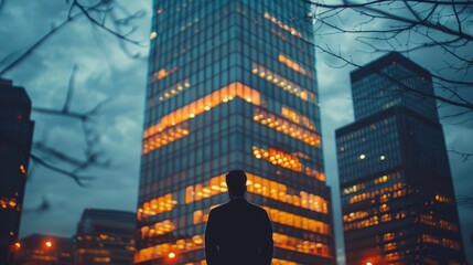 Poster - Skyscraper from outside at dusk time, silhouette man in office window. Generative AI.