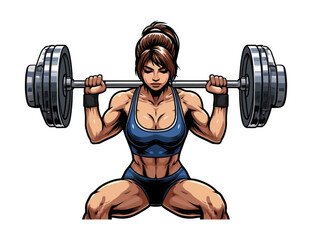 Vector illustration of a strong woman lifting a heavy barbell, symbolizing fitness, strength, and dedication to training.