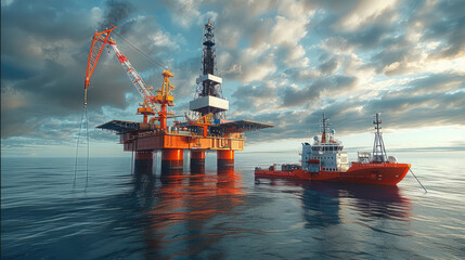 Poster - An oil platform in the ocean with an orange and white ship next to it, an industrial fishing vessel nearby. Generative AI.
