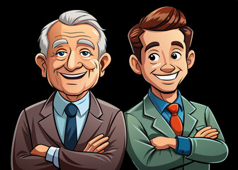 cartoon vector illustration of happy old man and young man manager smiling with folded arms, suit wearing, employee, black isolated background, businessman