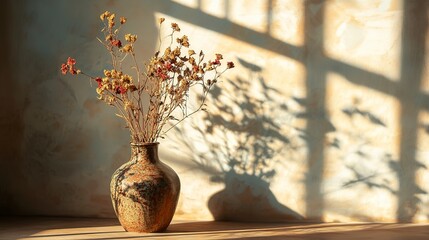 Canvas Print - Warm sunlight casting shadows on vase with dried flowers