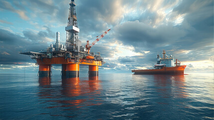 Poster - An oil platform in the ocean with an orange and white ship next to it, an industrial fishing vessel nearby. Generative AI.