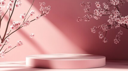 Wall Mural - Background podium 3D spring flower product beauty pink display nature. 3D podium stand background scene floral mockup cosmetic white blossom summer abstract shadow platform minimal design render stage