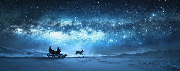 A serene night scene featuring a sleigh and reindeer under a stunning starry sky, evoking a magical winter atmosphere.