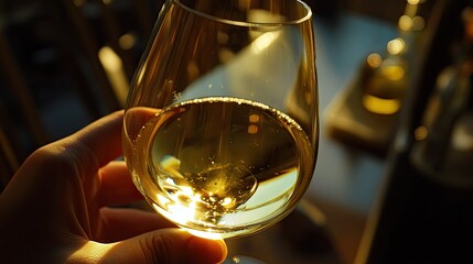 A glass of white wine being held up against the light, with the clear, golden liquid shimmering in the glass.