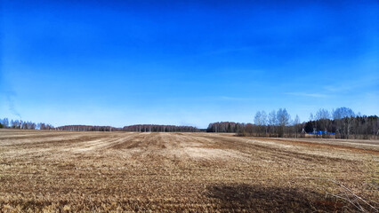 A vast, brown field stretches under a bright blue sky, indicating early spring in a tranquil rural landscape