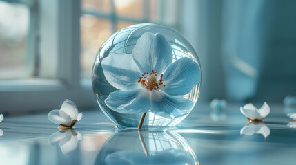 Poster - A single, clear glass dome covering a small, delicate flower, symbolizing protection and isolation,