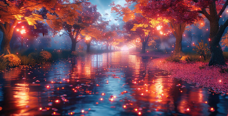 Poster - An autumn landscape with vibrant orange, red, and yellow leaves covering the ground and trees. illuminated by glowing neon lights, glowing pathways, and softly pulsating hues reflecting off a river.