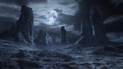 Poster - Moonlit landscape with dramatic rock formations and a dark, mysterious sky. 