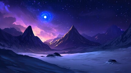 Wall Mural - A serene night landscape featuring mountains, smooth sand, and glowing rocks under a starry sky, evoking tranquility and beauty