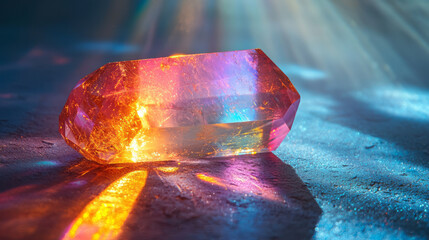 Poster - A single beam of light passing through a crystal prism, splitting into a rainbow spectrum of colors,