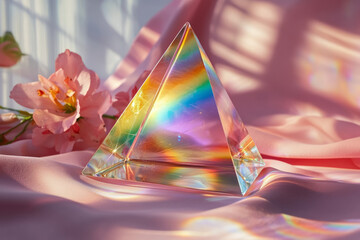 Poster - A floating glass prism casting multiple soft rainbow reflections on a pastel pink background,