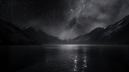 Sticker - Stunning black and white mountain landscape at night with starry sky, serene water, and serene horizon. Perfect for backgrounds and designs.