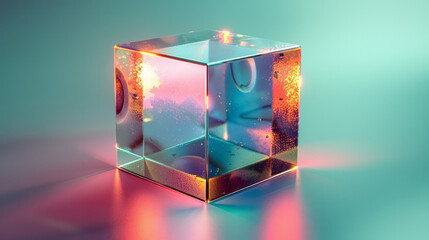Poster - A floating holographic cube with iridescent neon reflections, shifting colors from blue to pink,