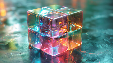 Fototapete - A floating holographic cube with iridescent neon reflections, shifting colors from blue to pink,