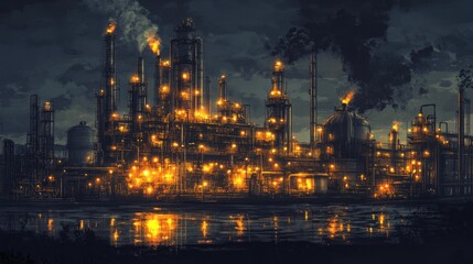 Wall Mural - An oil refinery at night, lit by the glow of flares and safety lights