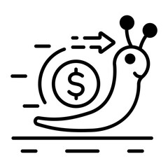 Sticker - Snail with money is denoting slow growth, line icon 