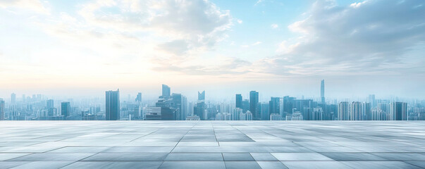 Empty tile floor with city skyscrapers in the background