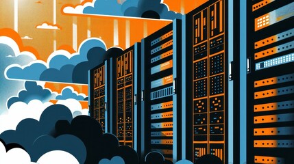 Poster - Data center, cloud computing, technology landscape with servers behind a dramatic cloud backdrop in blue and orange tones, emphasizing modern digital infrastructure