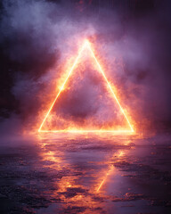 Poster - An abstract neon triangle with a holographic center, radiating light waves outward,