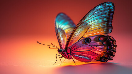 Poster - A holographic neon butterfly with translucent wings, shimmering in rainbow colors as it hovers,