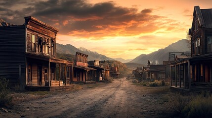 Poster - Dramatic sunset illuminating a row of abandoned wooden buildings on a dirt road of a wild west town with mountains in background 