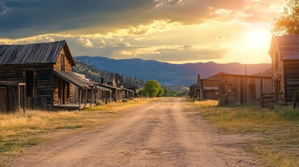 Sticker - Dramatic sunset illuminating a row of abandoned wooden buildings on a dirt road of a wild west town with mountains in background 