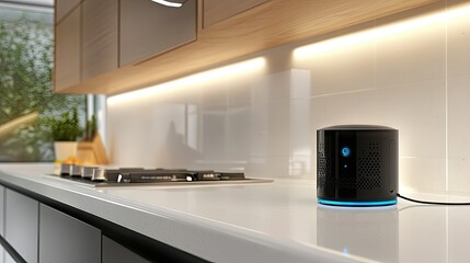 A smart home assistant plugged into an outlet in a modern kitchen, with a clean and organized counter space.