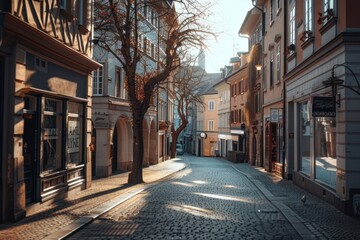 Wall Mural - Street old town in Europe city architecture cobblestone.