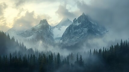 Wall Mural - Misty Mountain Range at Dawn 