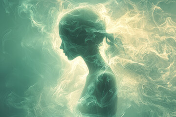 Poster - An abstract silhouette of a person in a meditative pose, surrounded by a gentle aura of radiant light,