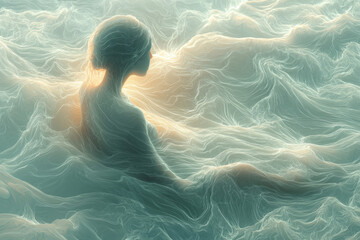Poster - An abstract silhouette of a person in a meditative pose, surrounded by a gentle aura of radiant light,