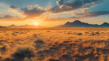 Poster - A breathtaking sunrise over a vast desert landscape with distant mountain ranges, casting warm hues across the arid terrain.