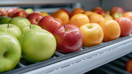 A vibrant display of fresh apples in a refrigerator, showcasing various colors and textures, perfect for healthy food concepts.