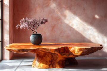 Poster - A handcrafted wooden table with a live edge design, showing the natural curves of the wood,