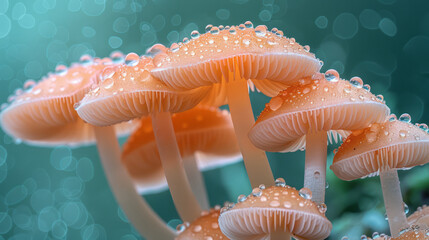 Poster - A close-up of a cluster of delicate, light-brown mushrooms with translucent caps, bathed in soft, golden light,