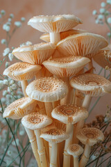 Poster - A bunch of golden honey mushrooms with gills clearly visible, illuminated by a soft, warm light,
