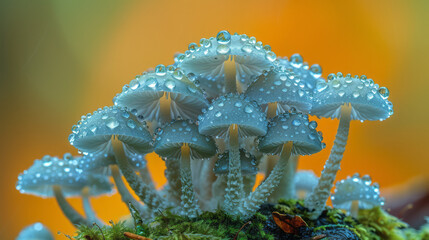 Poster - A macro shot of a group of blue-green mycena mushrooms with a bioluminescent glow, growing from a mossy tree bark,