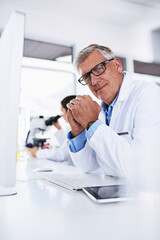 Aufkleber - Laboratory, portrait and mature man with computer for research, medical information and science results. Healthcare, male scientist and smile with digital for hypothesis check, cure and discovery