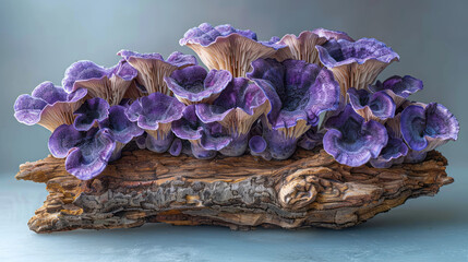Poster - A cluster of deep purple mushrooms with a velvety texture, growing from a rustic, weathered piece of wood,