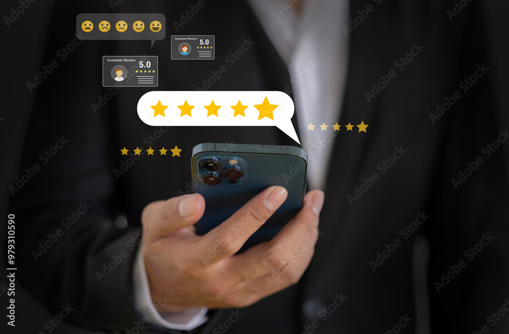 Customer satisfaction feedback with five star rating system, hand hold ...