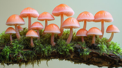 Poster - A collection of small, pinkish-red cup mushrooms growing in a tight bunch on a piece of moss-covered bark,