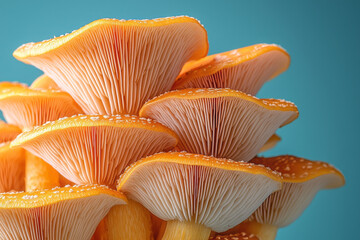 Poster - A close-up of a bunch of golden chanterelle mushrooms nestled in a cluster, softly illuminated,