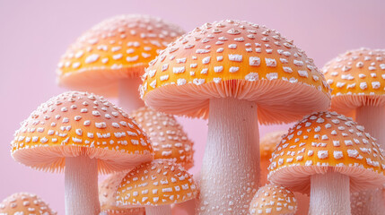 Poster - A bunch of earthy brown mushrooms with a leathery texture, illuminated by a warm, glowing light,