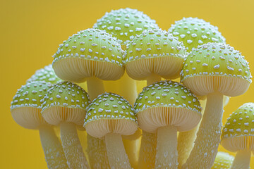 Poster - A macro view of small, luminescent green mushrooms growing in a circular cluster, emitting a gentle glow,