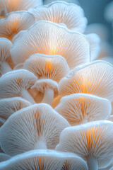 Poster - A close-up of delicate, fan-shaped mushrooms with intricate gills and a soft, luminous glow,