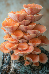 Poster - A cluster of bright red coral mushrooms with branching forms, growing on a piece of tree bark,